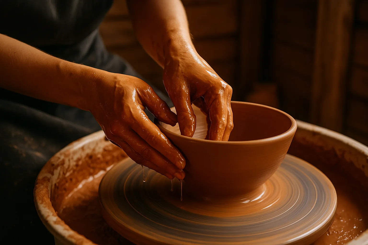 Mains d'Aurélie façonnant un bol en grès sur le tour de potier