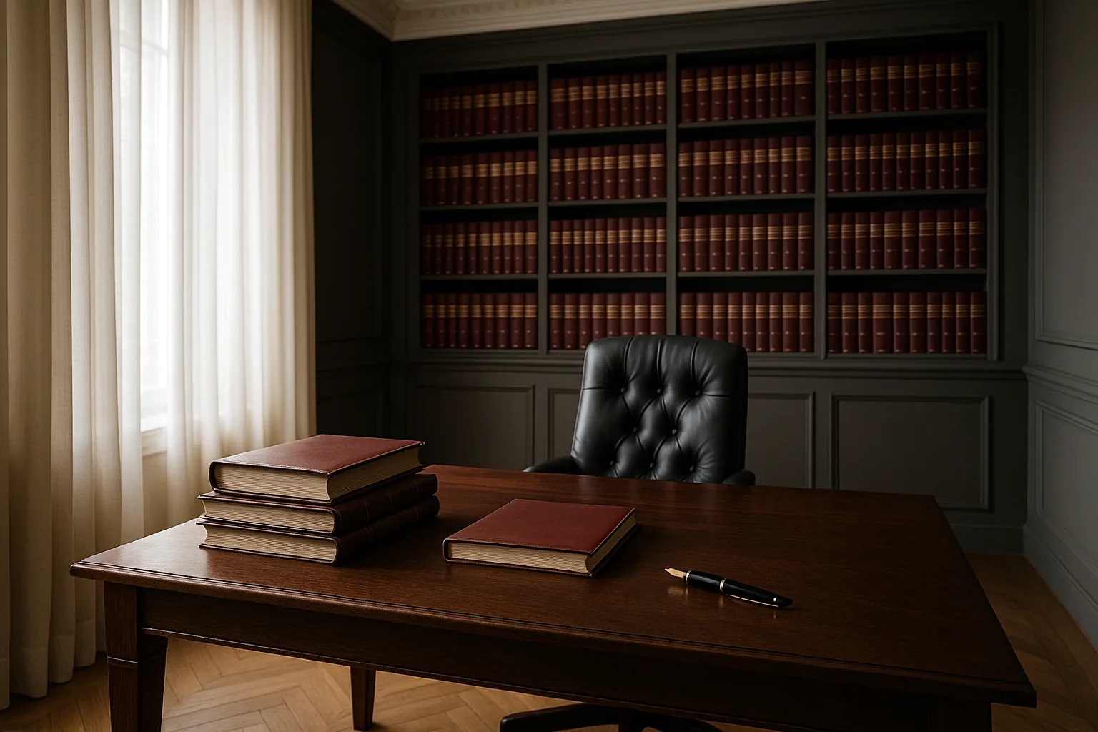 Bureau d'avocate elegant, bibliotheque juridique en arriere-plan