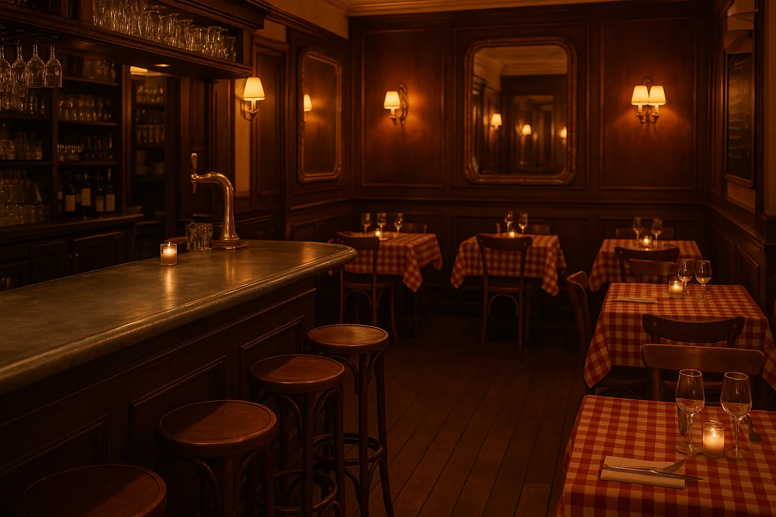 Intérieur du Comptoir Mosellan en ambiance soir, zinc patiné et nappes à carreaux