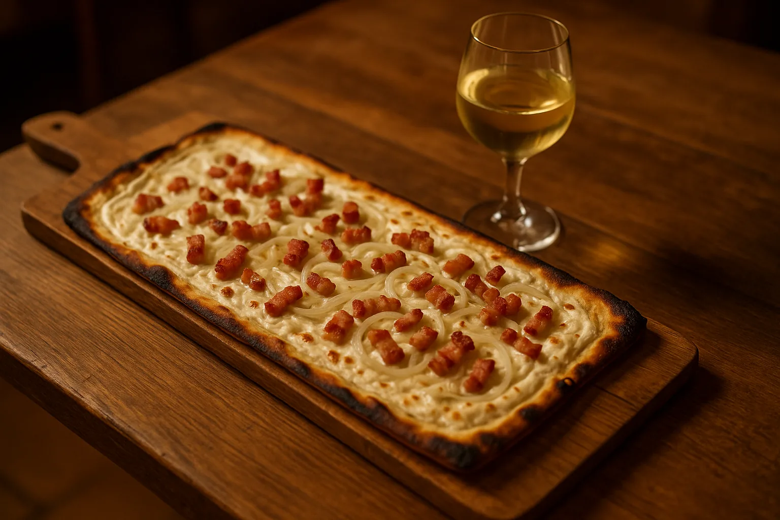 Tarte flambée nature croustillante sur planche en bois