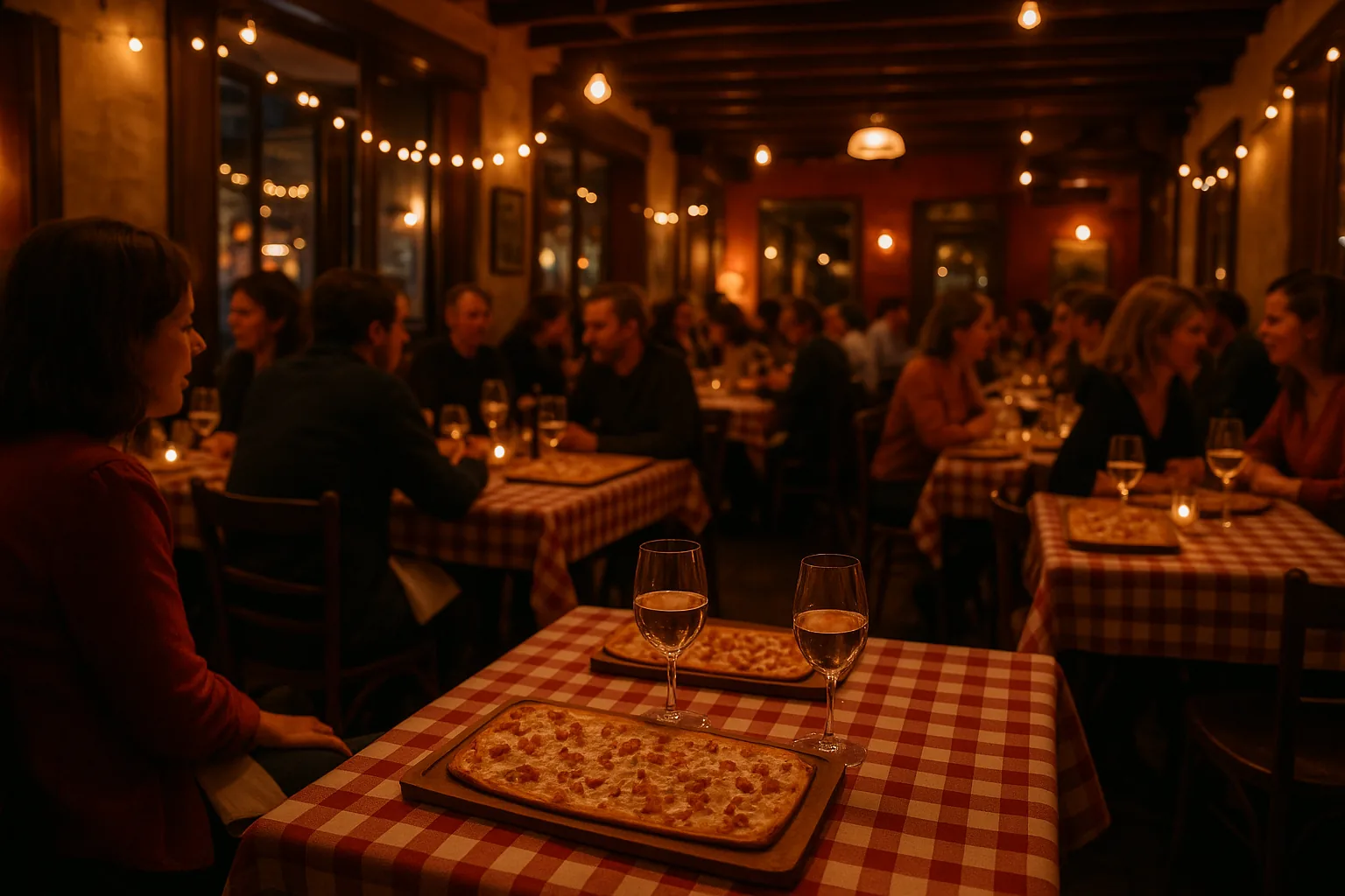 Ambiance conviviale lors d'une soirée tartes flambées