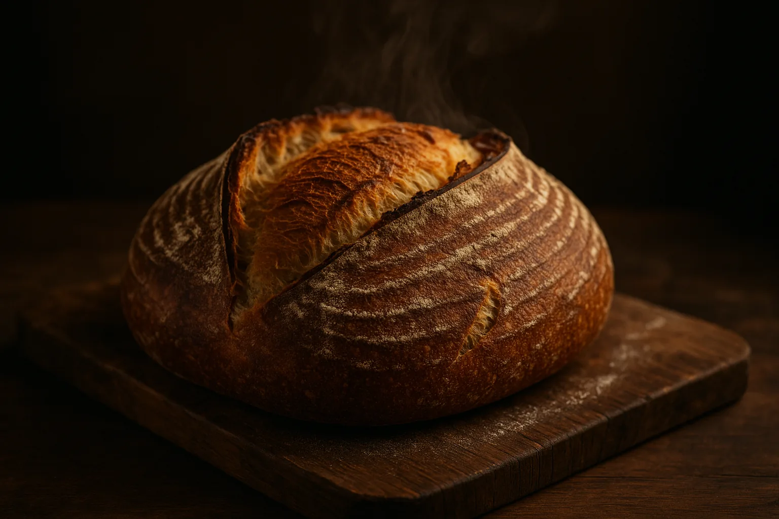 Pain au levain artisanal gros plan, croûte dorée et scorée, sur planche en bois