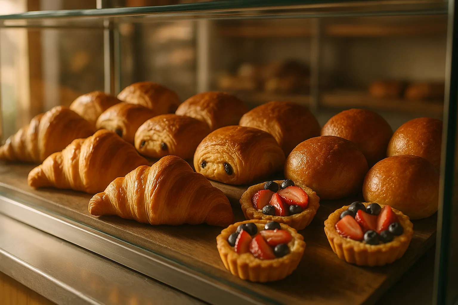 Vitrine de viennoiseries : croissants, pains au chocolat, brioches dorées