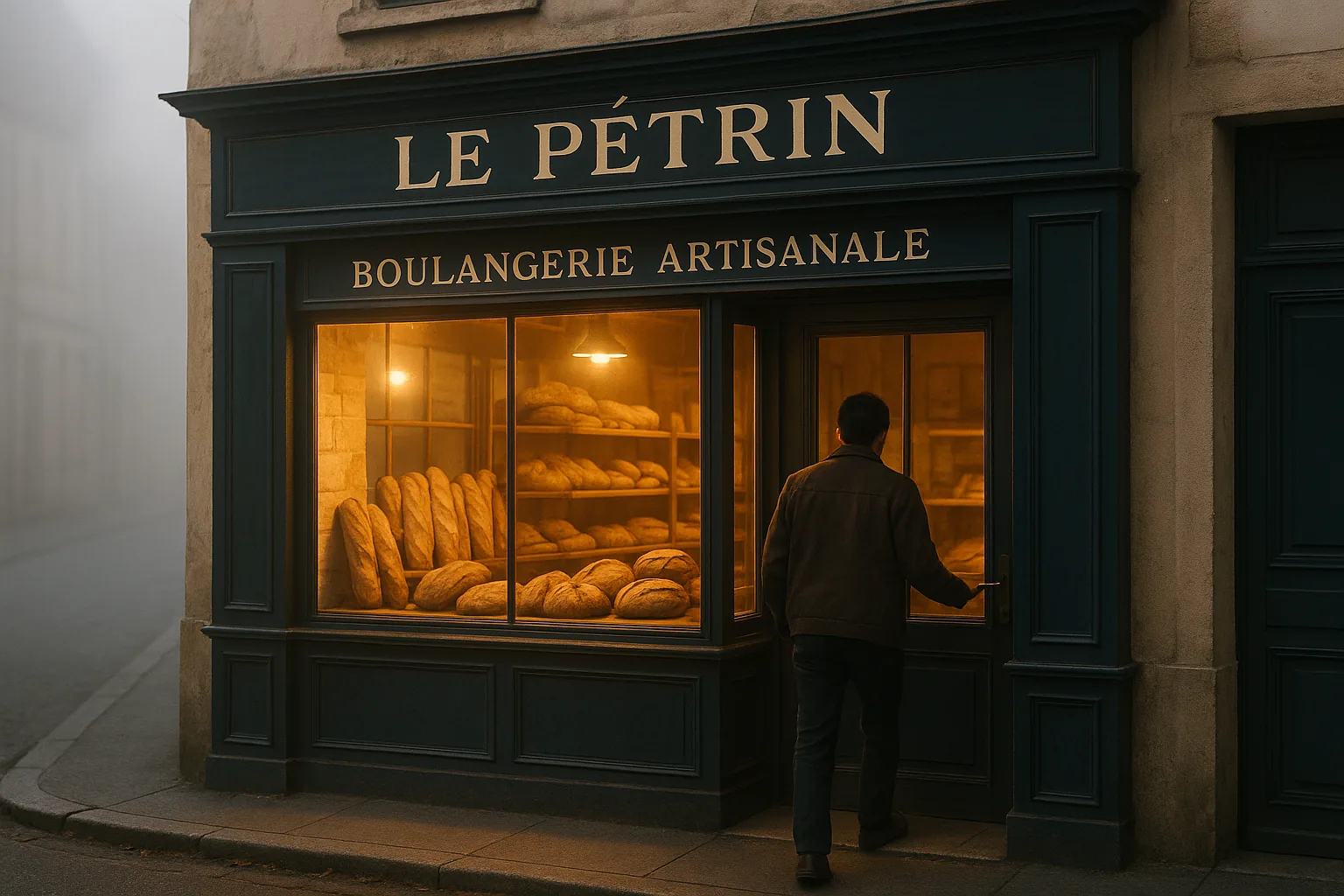Devanture de la Boulangerie Le Pétrin, lumière chaleureuse, pains visibles en vitrine