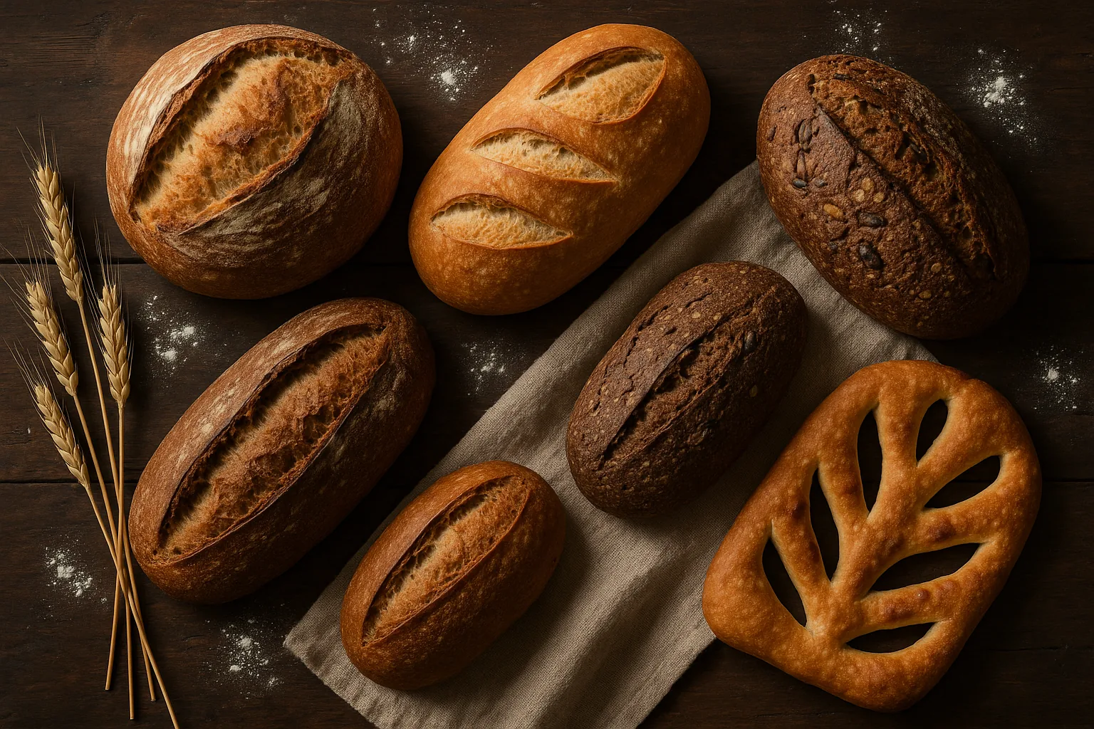 Assortiment de pains artisanaux sur table en bois