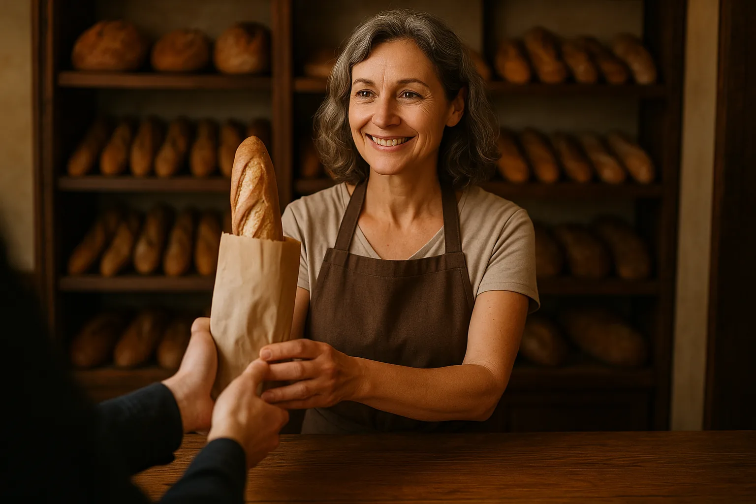 Anne Schaeffer à la boutique, servant une cliente avec le sourire
