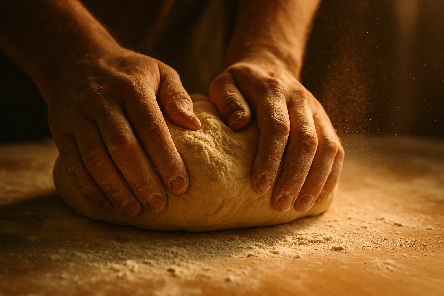 Détail du pétrissage de la pâte à pain à la main