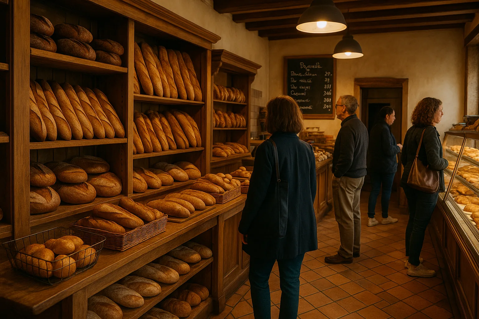 Intérieur de la boulangerie Le Pétrin, étagères de pains, ardoise des prix, ambiance chaleureuse