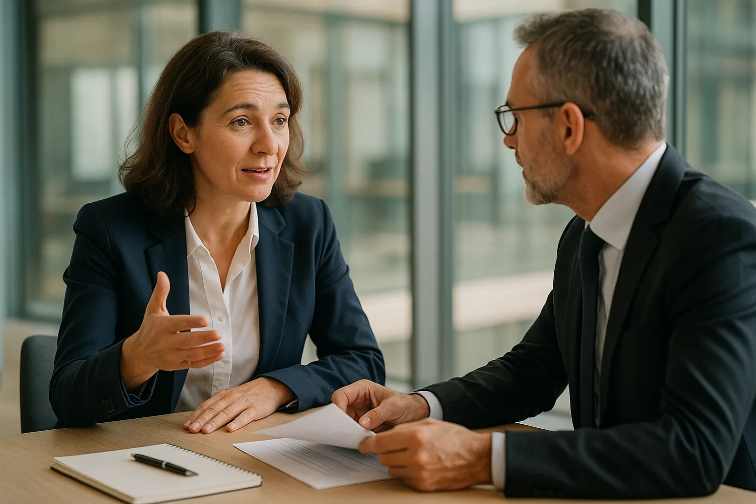 Nathalie Reuter en reunion avec un dirigeant, bureau moderne