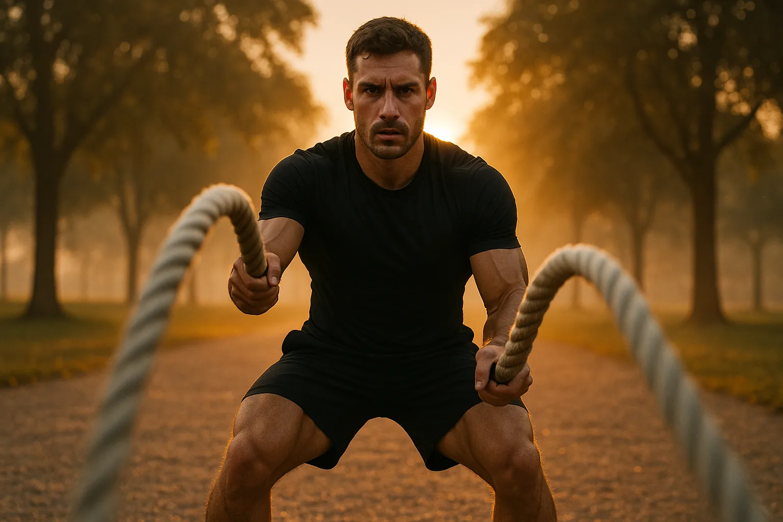 Coach sportif réalisant des battle ropes dans un parc urbain au lever du soleil