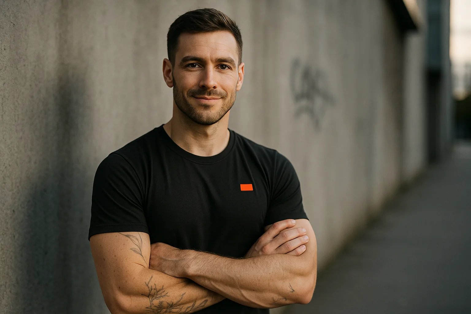 Portrait de Maxime Duval, coach sportif, bras croisés, regard confiant