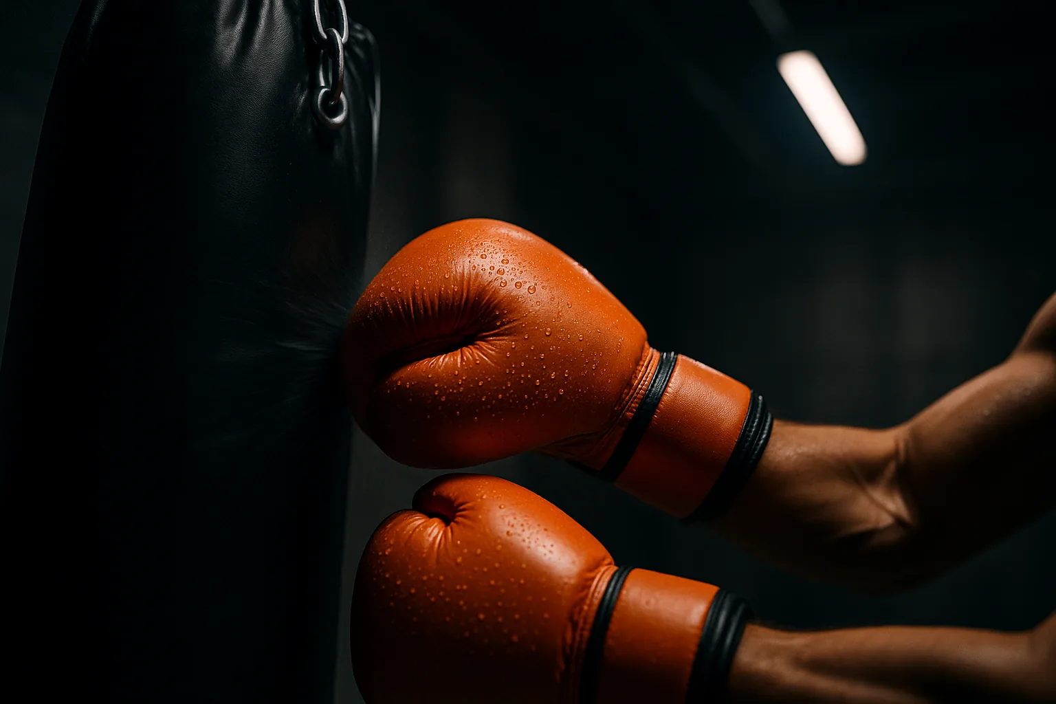 Gants de boxe orange frappant un sac de frappe en salle