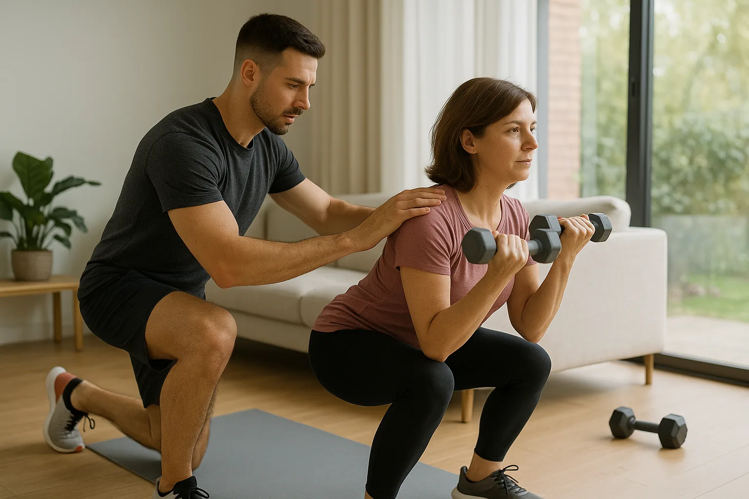 Coach sportif corrigeant la posture d'une cliente en séance à domicile