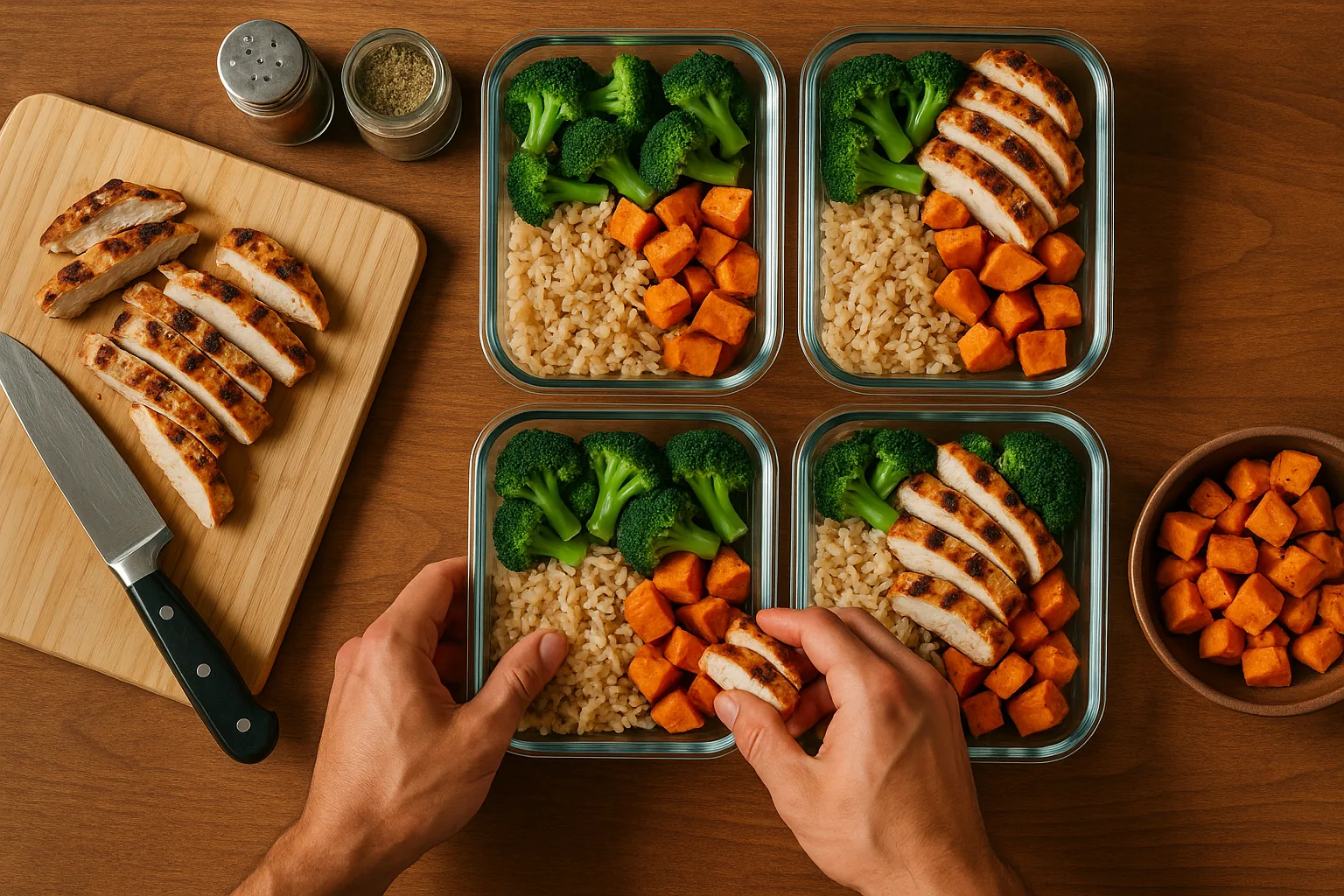 Préparation de repas fitness en containers sur plan de travail