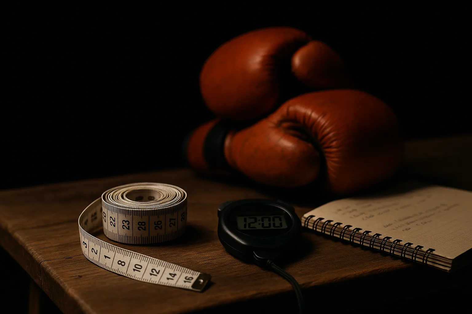 Mètre ruban, gants de boxe et chronomètre — symbole de transformation