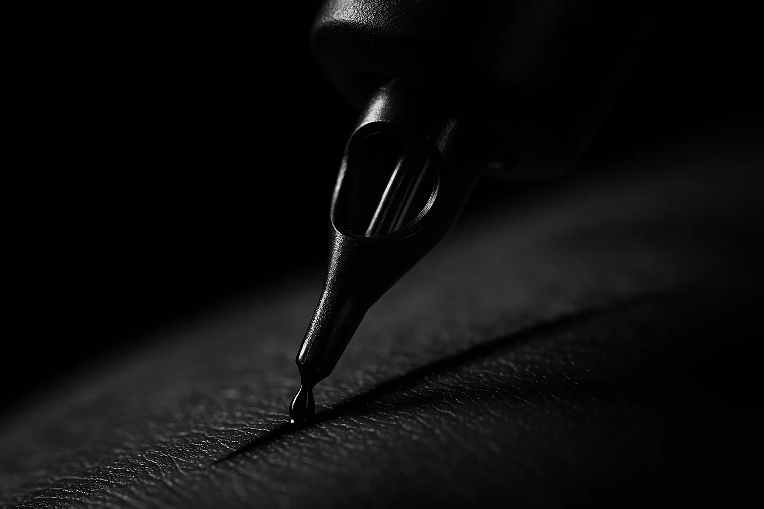 Machine à tatouer en action, gros plan macro sur l'aiguille et l'encre noire