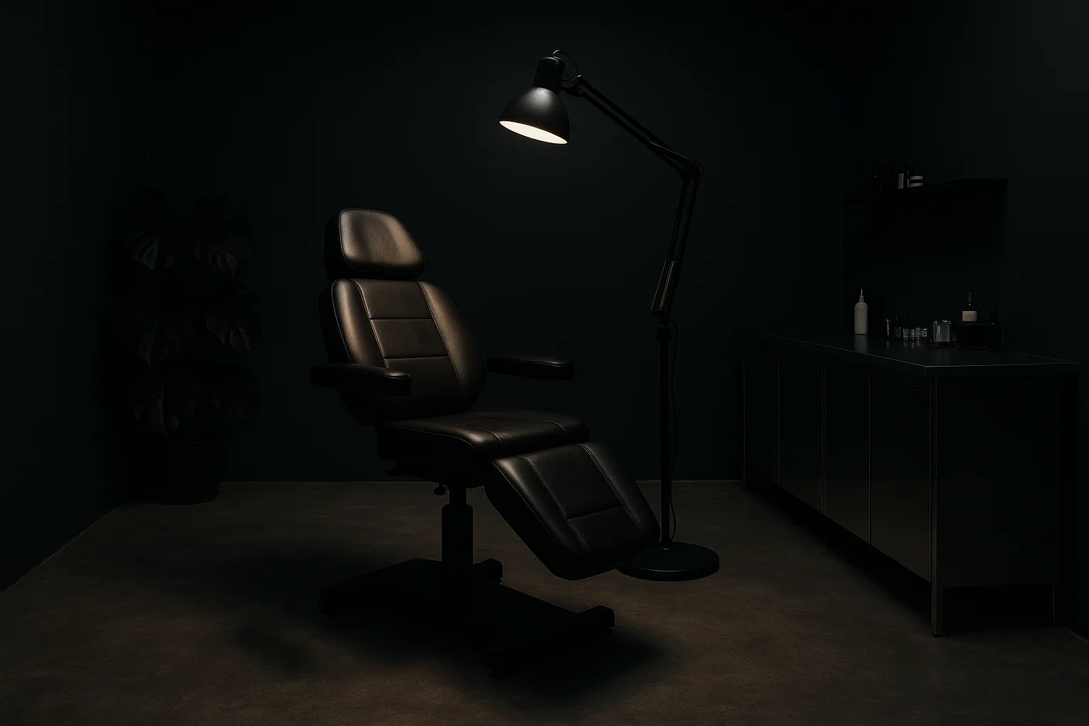 Ambiance studio de tatouage minimaliste et sombre