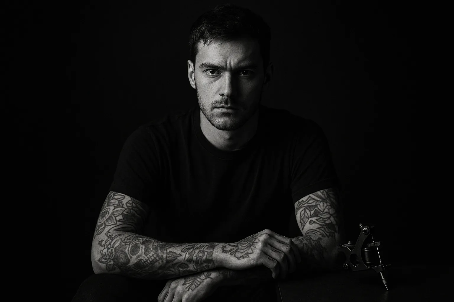 Portrait de Dylan Morel dans son studio, regard intense, éclairage clair-obscur
