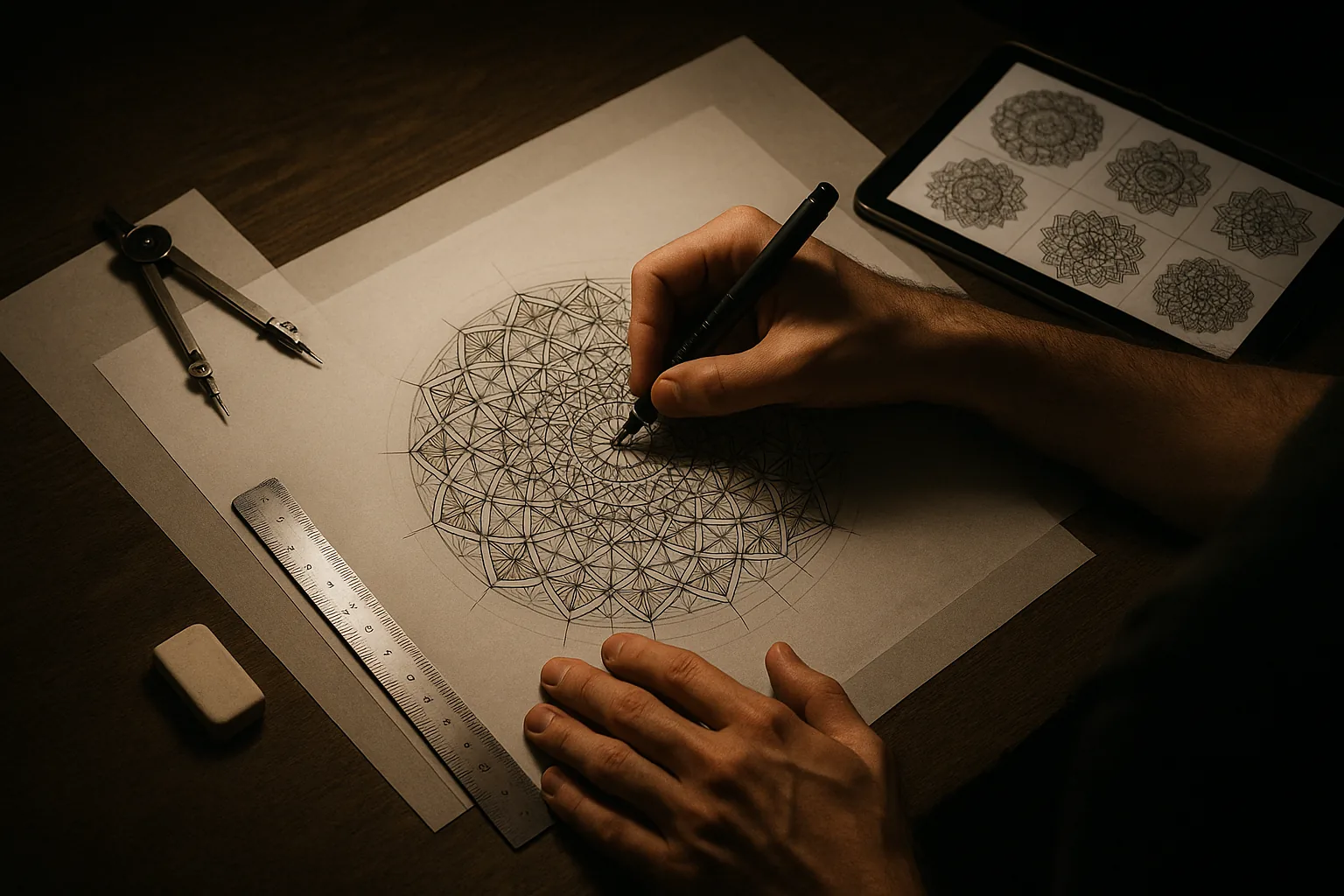 Dylan dessinant un mandala géométrique au rotring