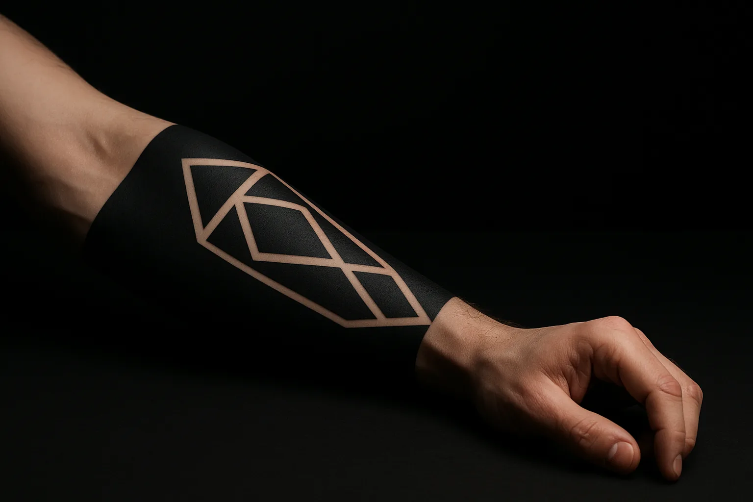 Tattoo blackwork géométrique sur avant-bras, motif symétrique en encre noire