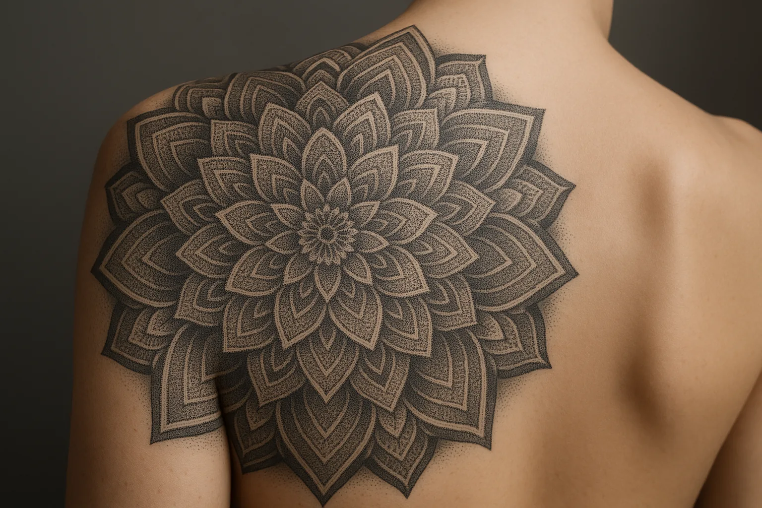 Mandala en dotwork sur épaule, dégradé de points noirs