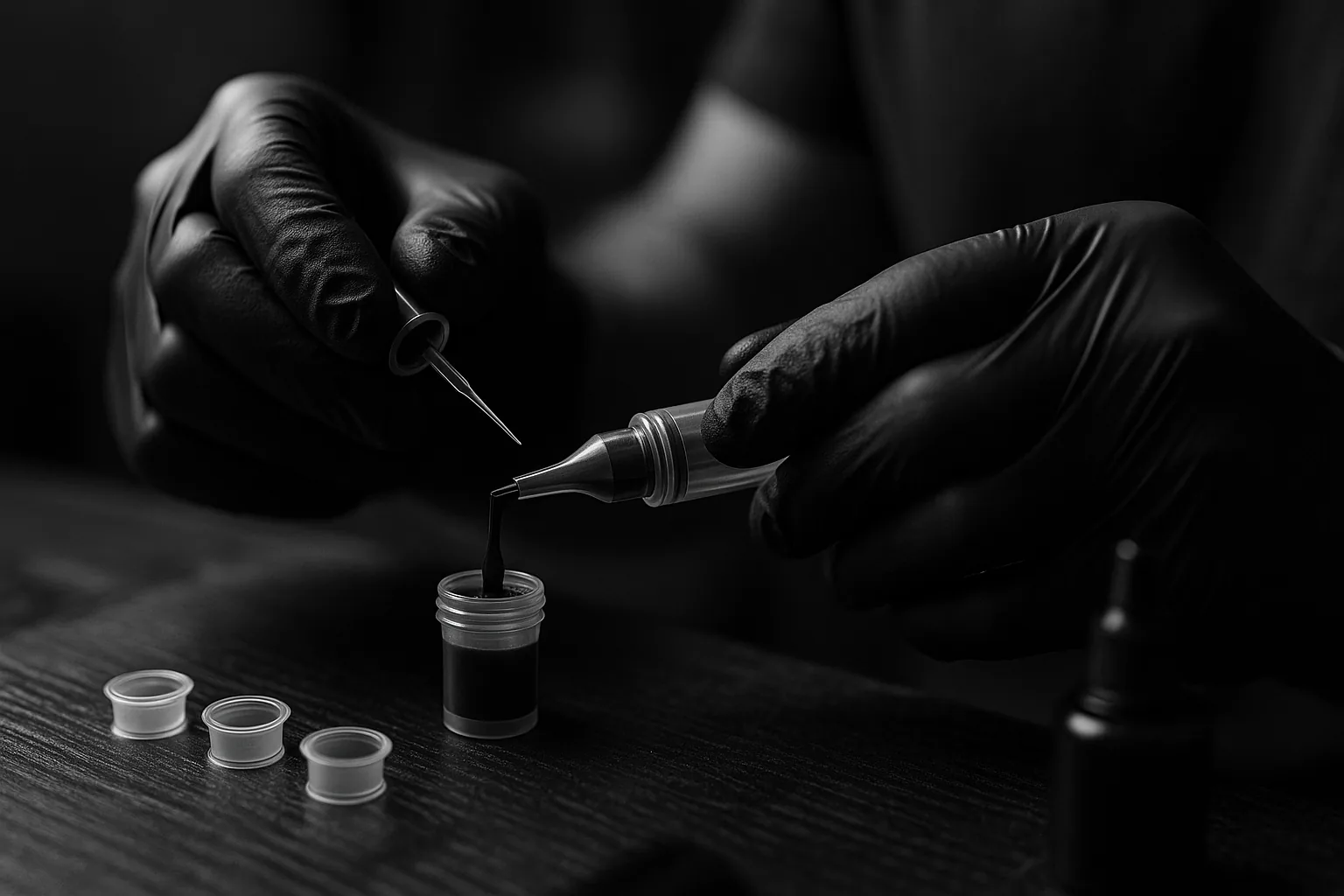 Mains gantées préparant le matériel de tatouage