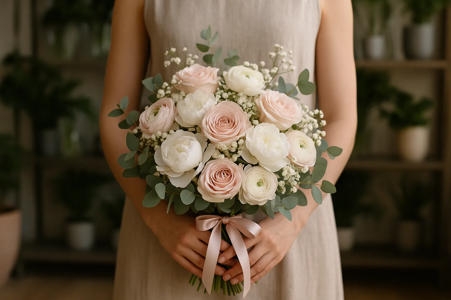 Bouquet somptueux de roses et pivoines tenu à deux mains en lumière naturelle