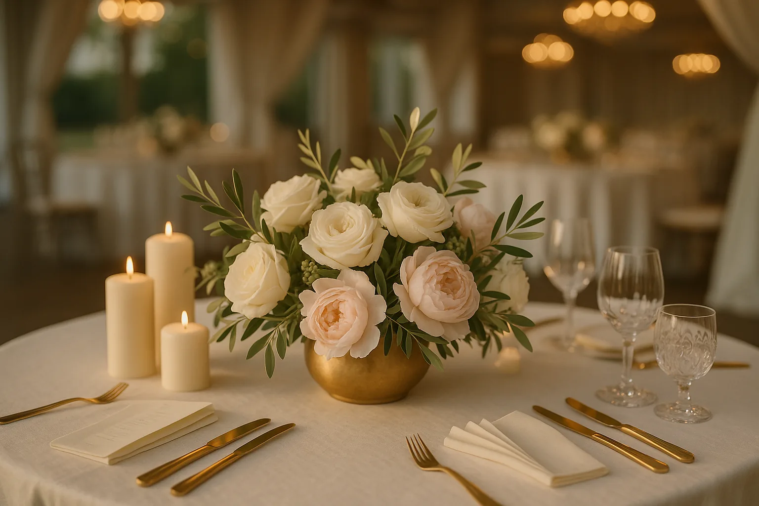 Centre de table mariage roses blanches et pivoines