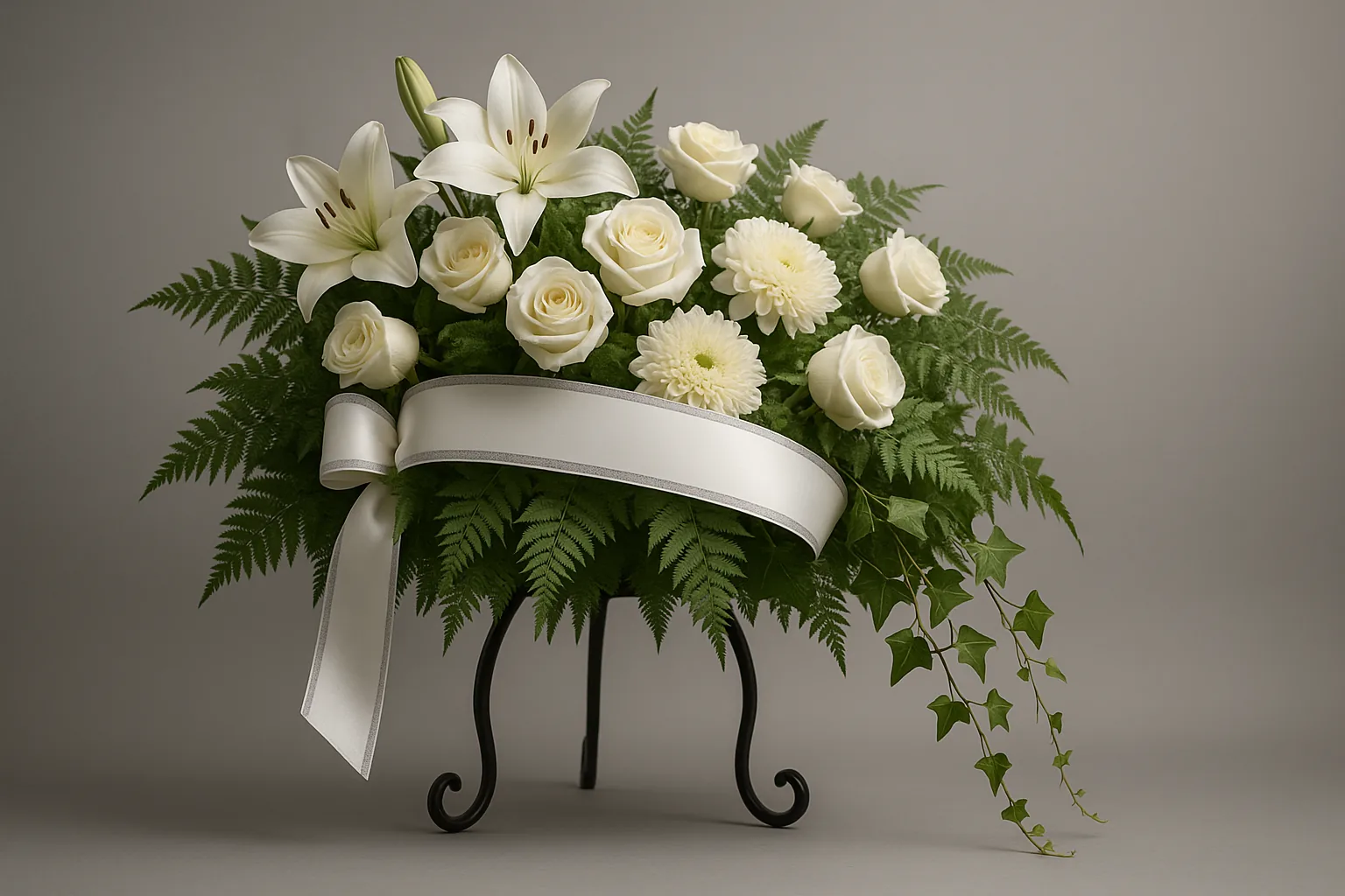 Gerbe de deuil élégante lys blancs et roses blanches