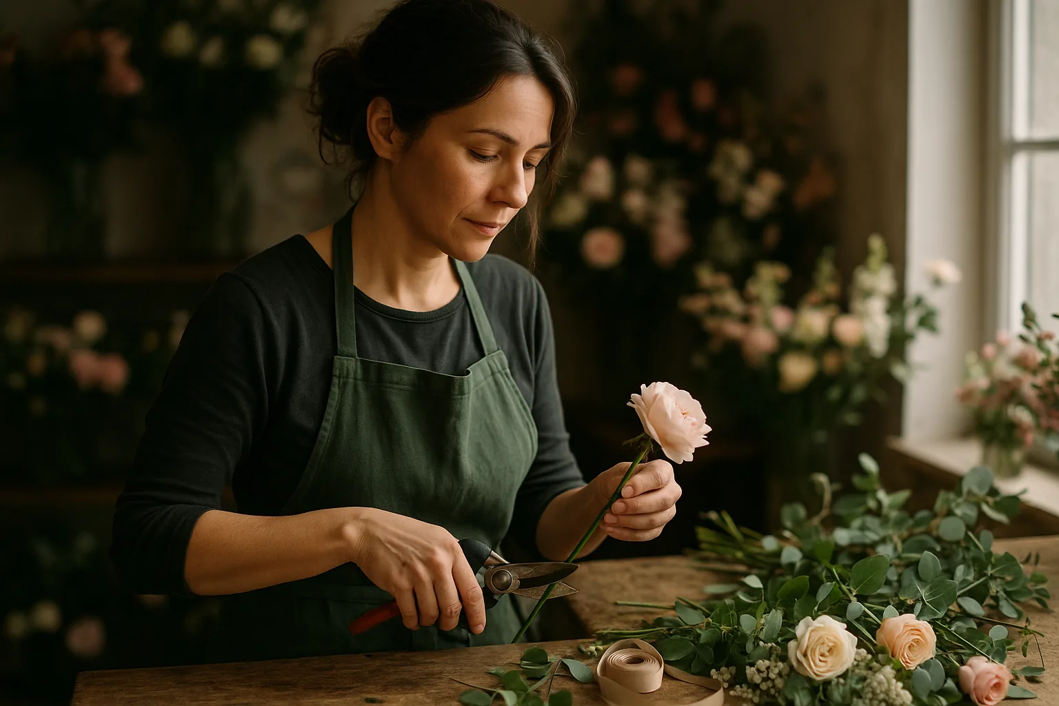 Marie-Claire en atelier composant un bouquet