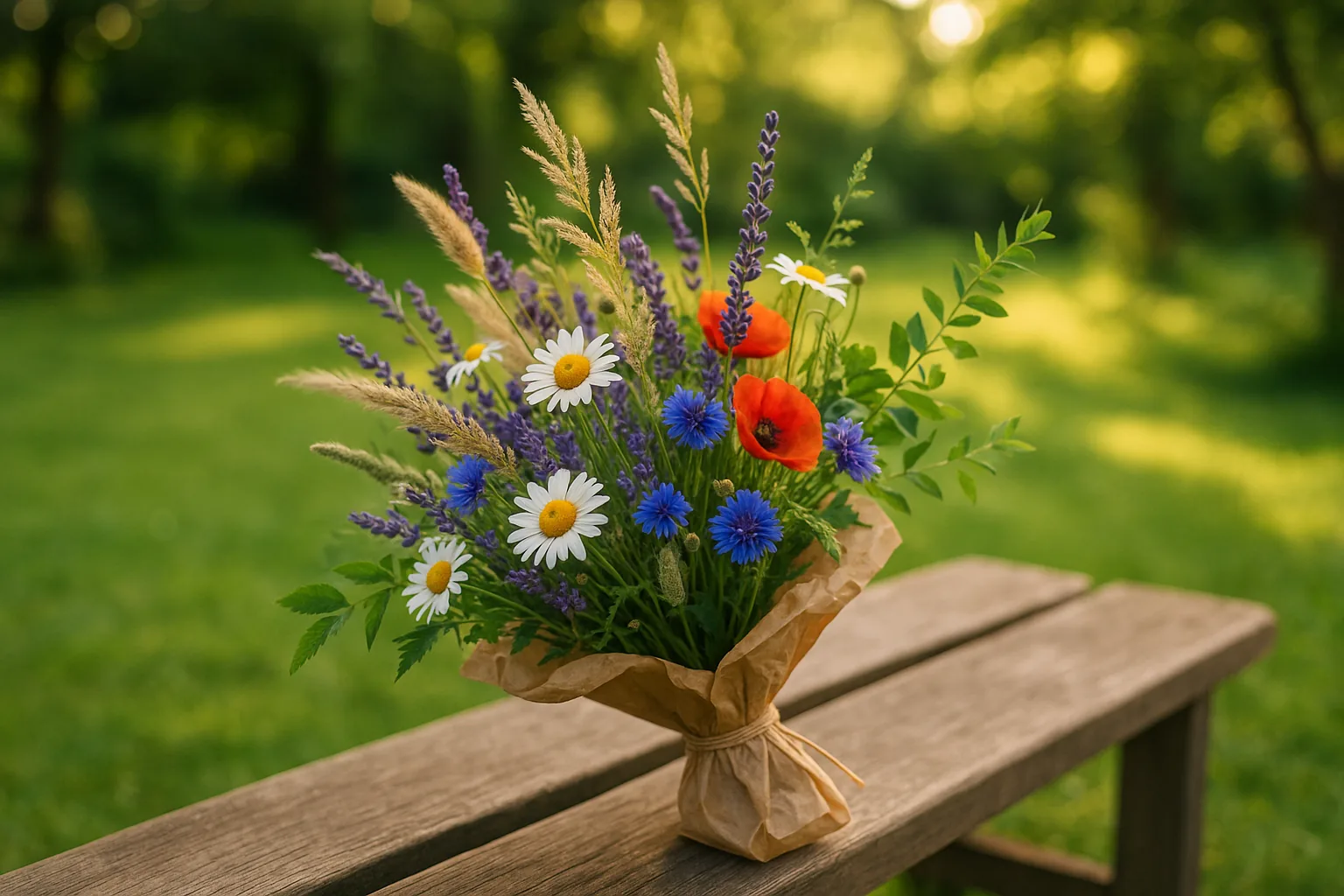 Bouquet champêtre marguerites et lavande en plein air