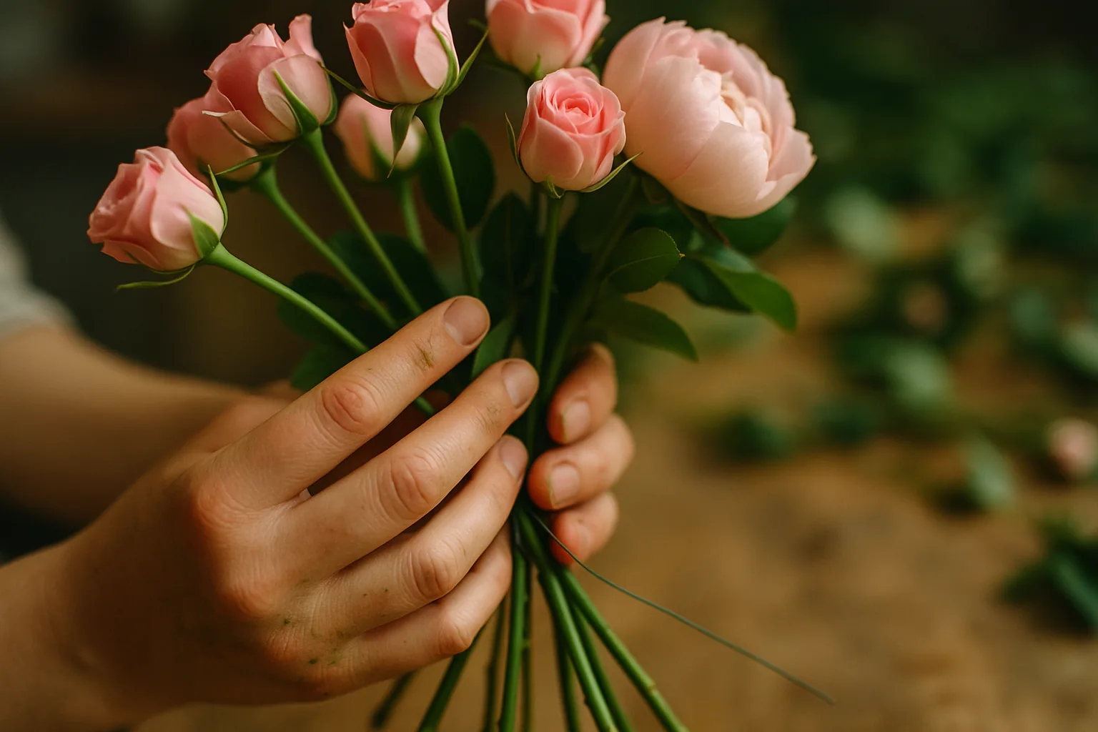 Détail des mains de Marie-Claire assemblant un bouquet
