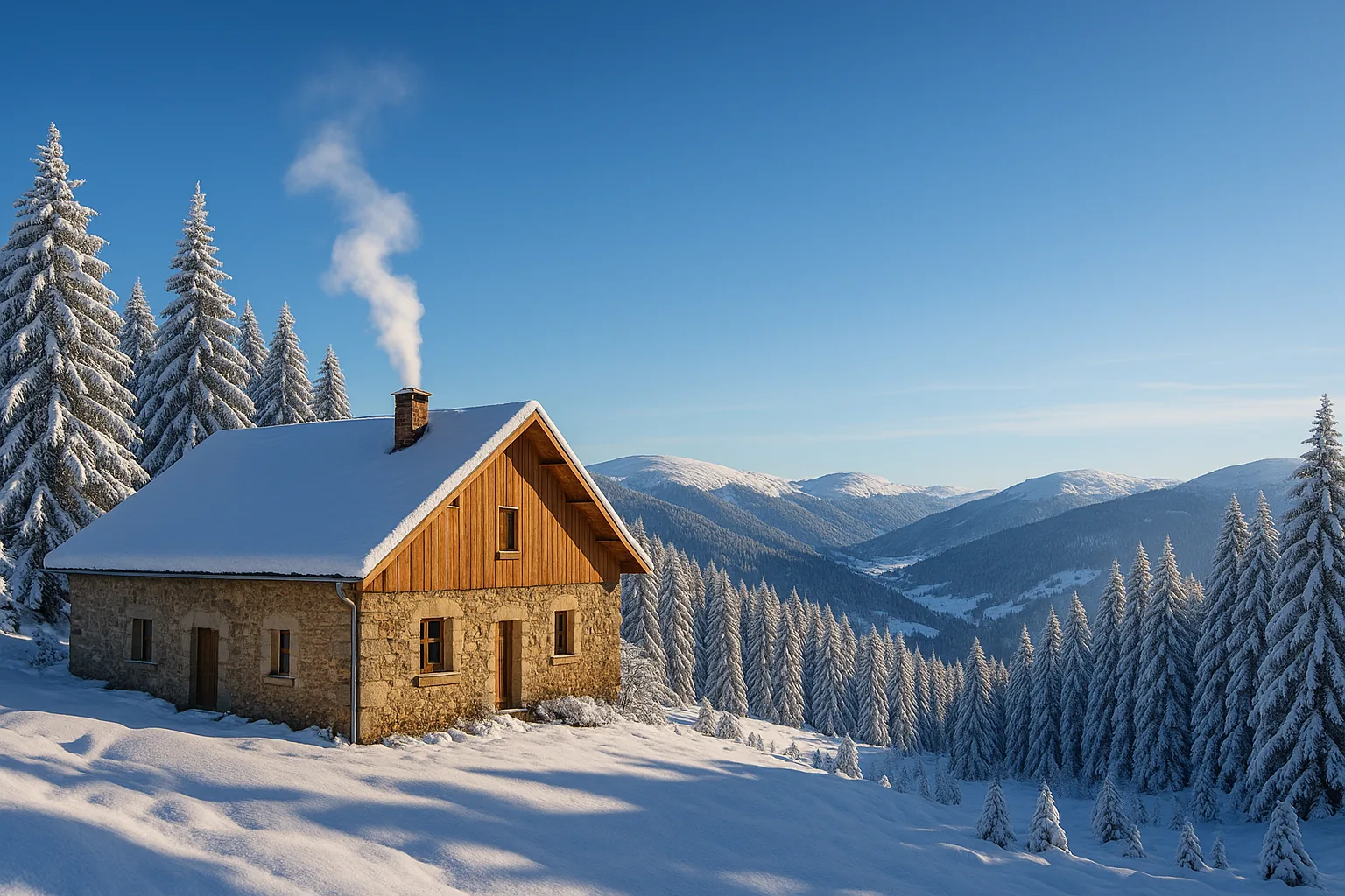 Vue des cretes vosgiennes en hiver, corps de ferme avec cheminee fumante