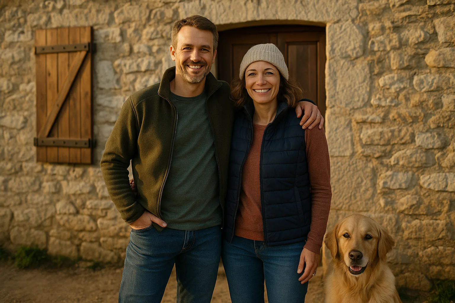 Marc et Sophie devant le corps de ferme du Nid des Vosges