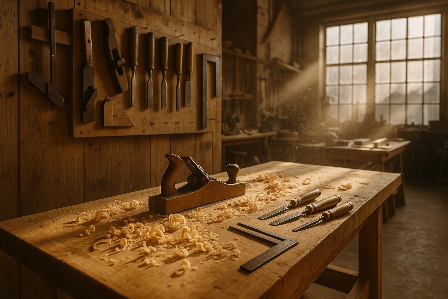 Atelier de menuiserie artisanale, etabli en bois massif et outils traditionnels