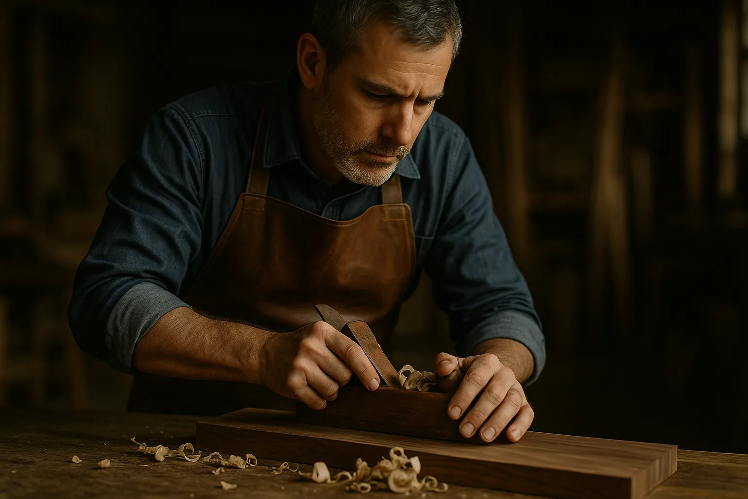 Guillaume Marchal, menuisier ebeniste, rabot en main et tablier cuir