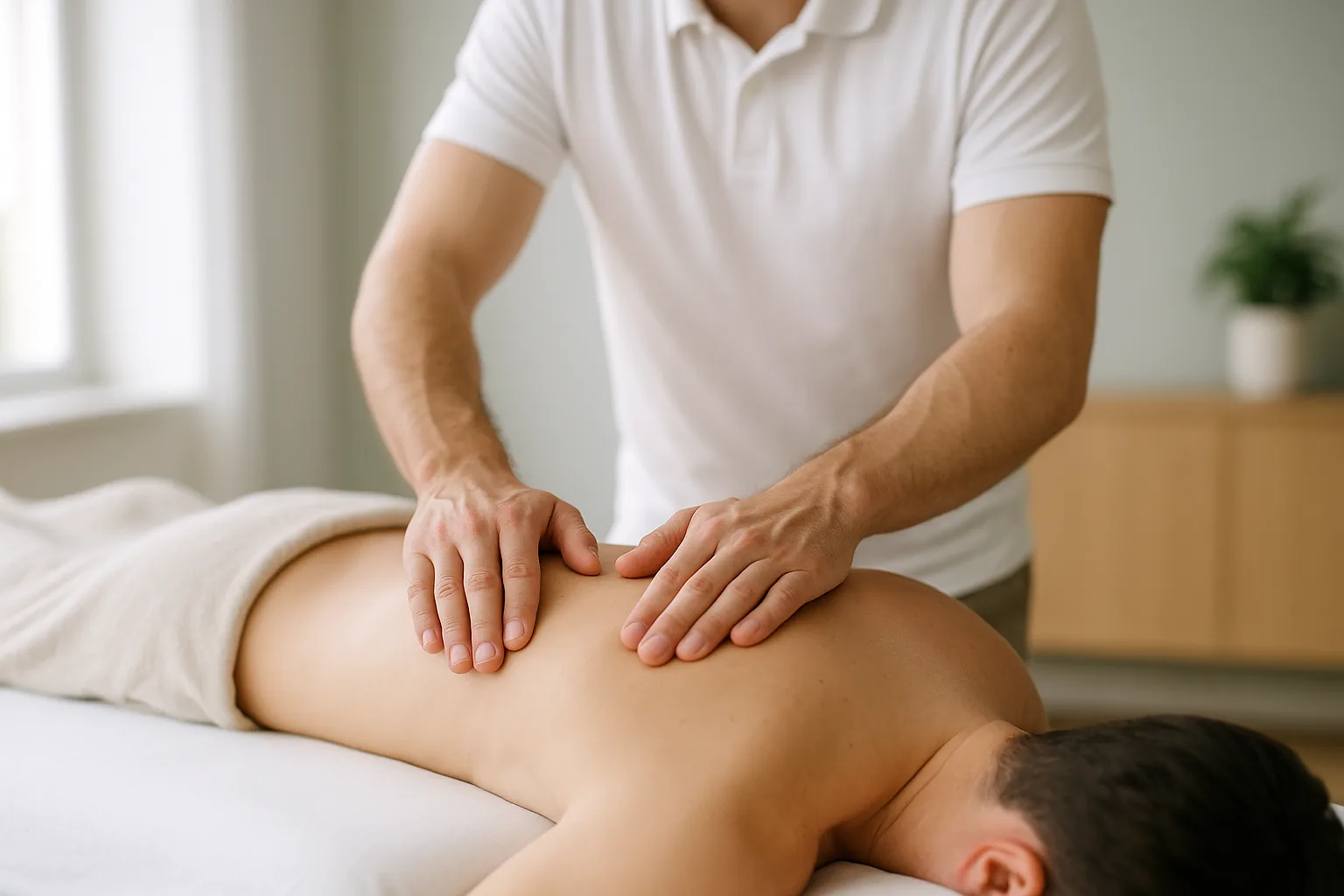 Mains d'ostéopathe au travail sur le dos d'un patient
