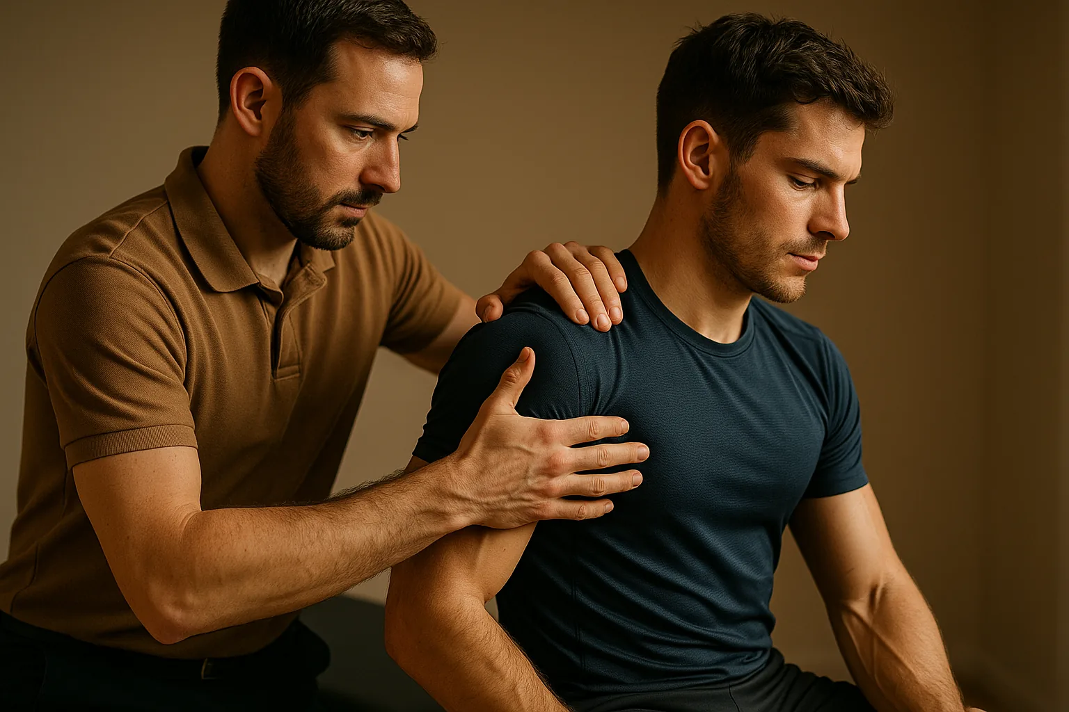 Consultation ostéopathique sportive — travail sur l'épaule d'un sportif