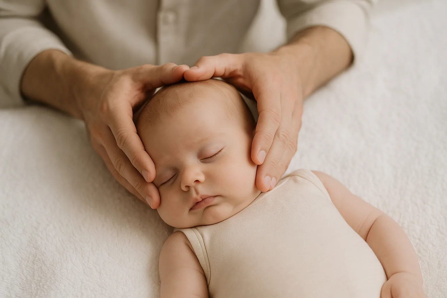 Consultation nourrisson — mains d'ostéopathe posées délicatement sur le crâne d'un bébé