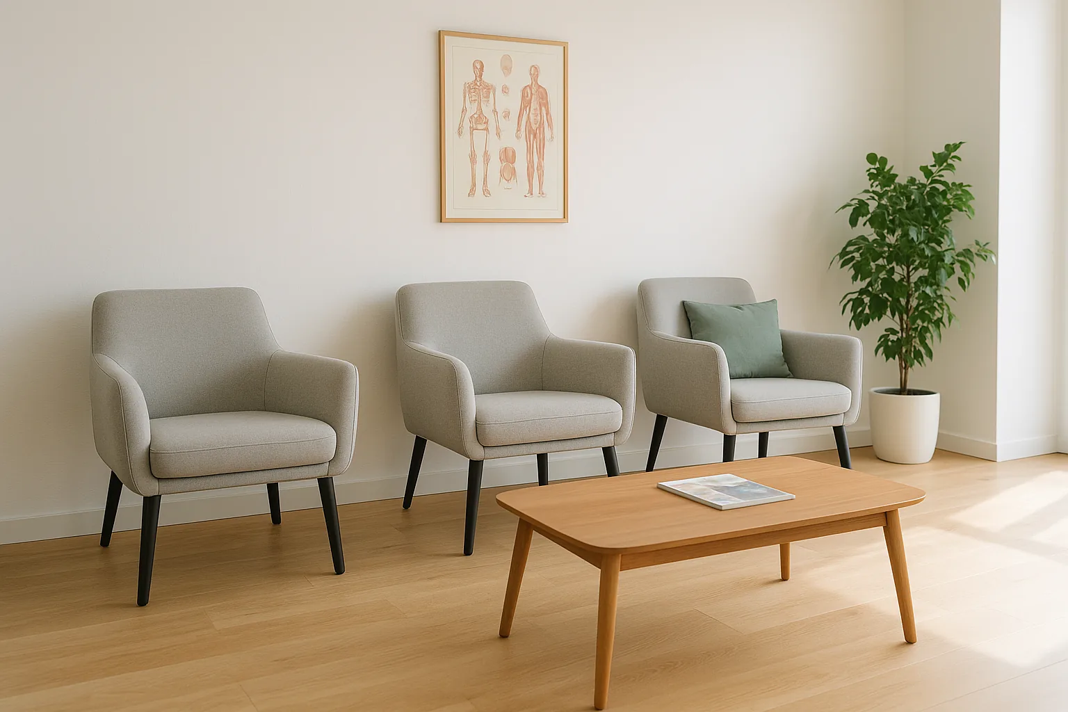 Salle d'attente du cabinet — fauteuils gris, table basse, ambiance calme et lumineuse