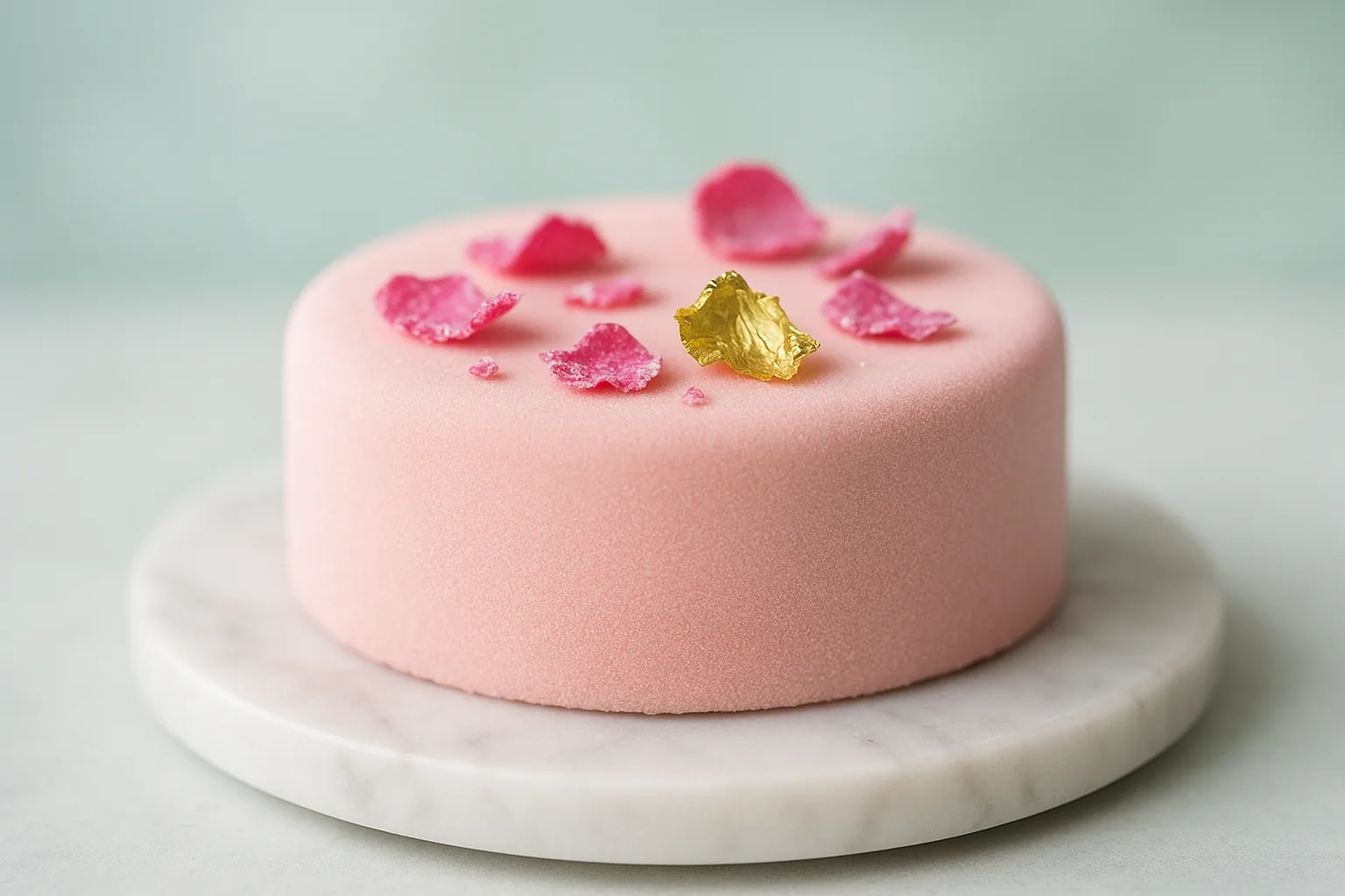 Entremets signature glace rose poudre sur socle en marbre
