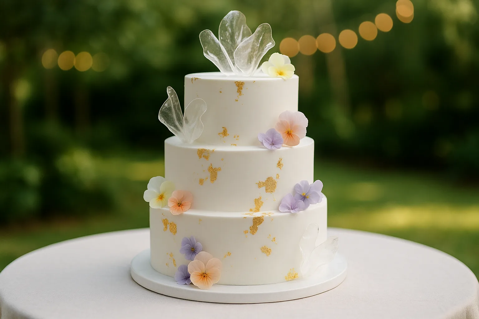 Piece montee 3 etages blanc et or avec fleurs comestibles