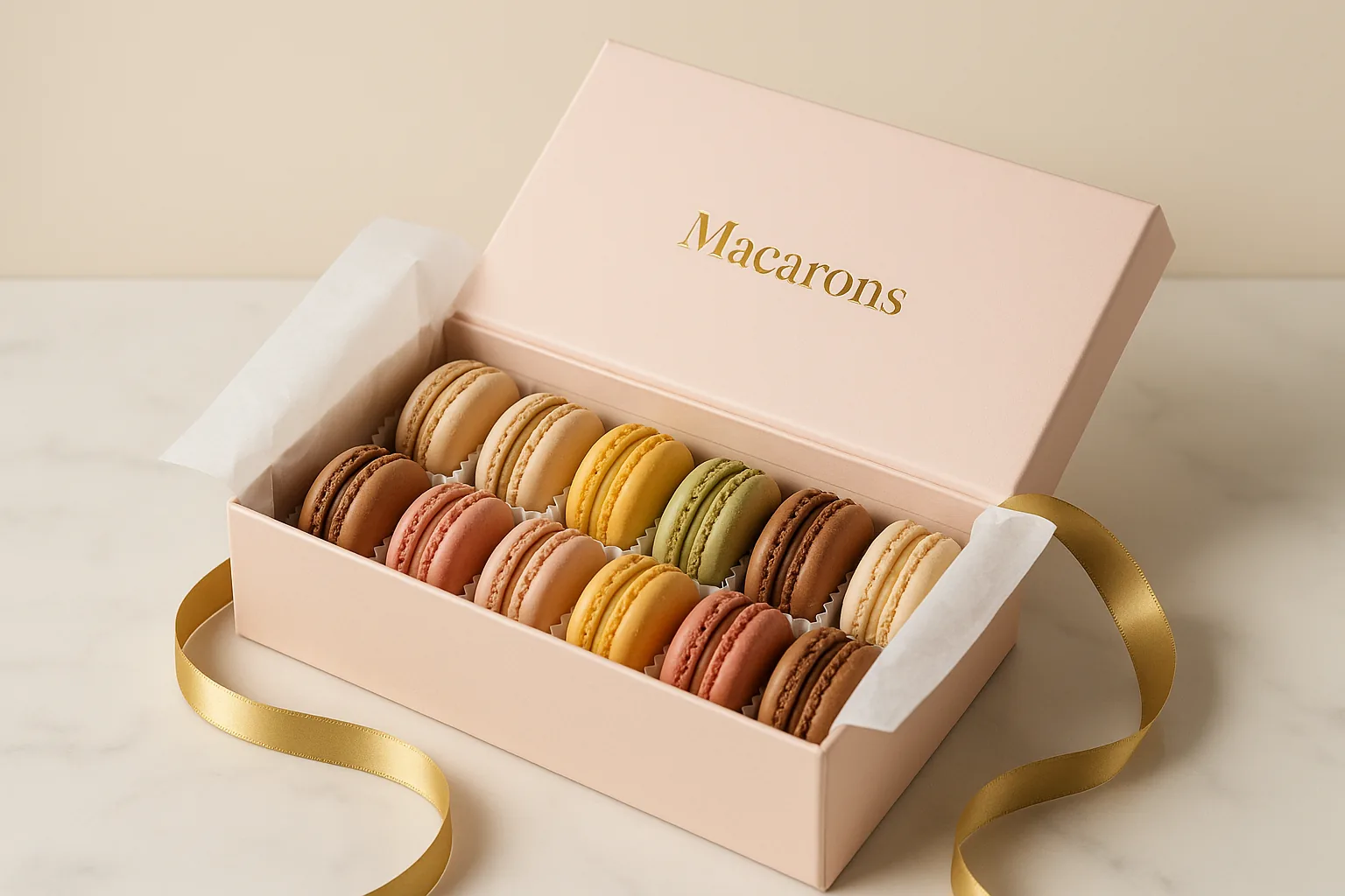 Coffret macarons ouvert, boite rose poudre et ruban or