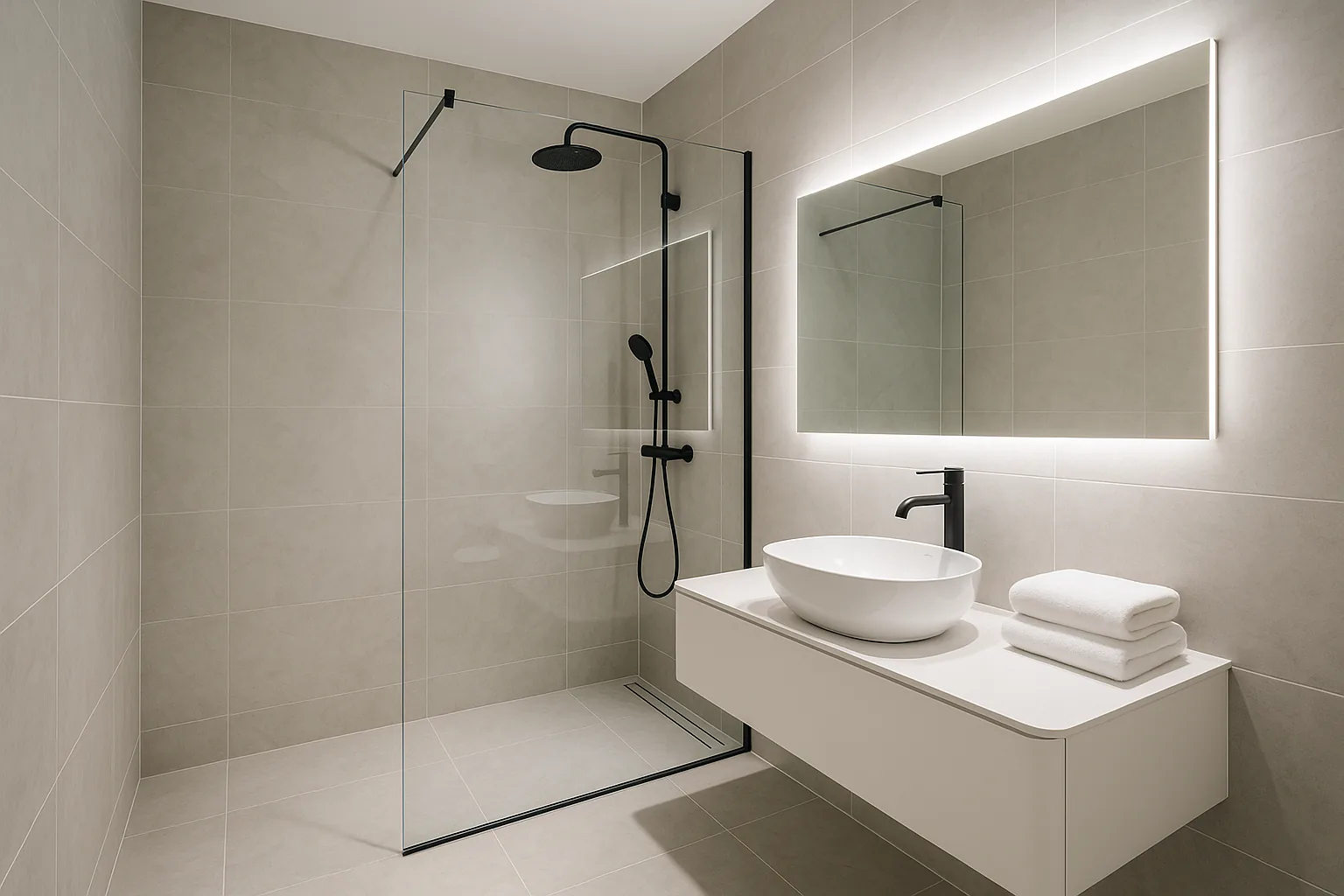 Salle de bain rénovée avec douche italienne et robinetterie moderne