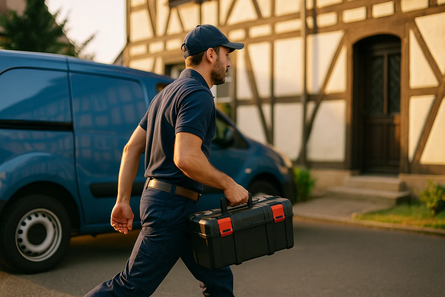 Plombier intervenant en urgence avec sa caisse à outils