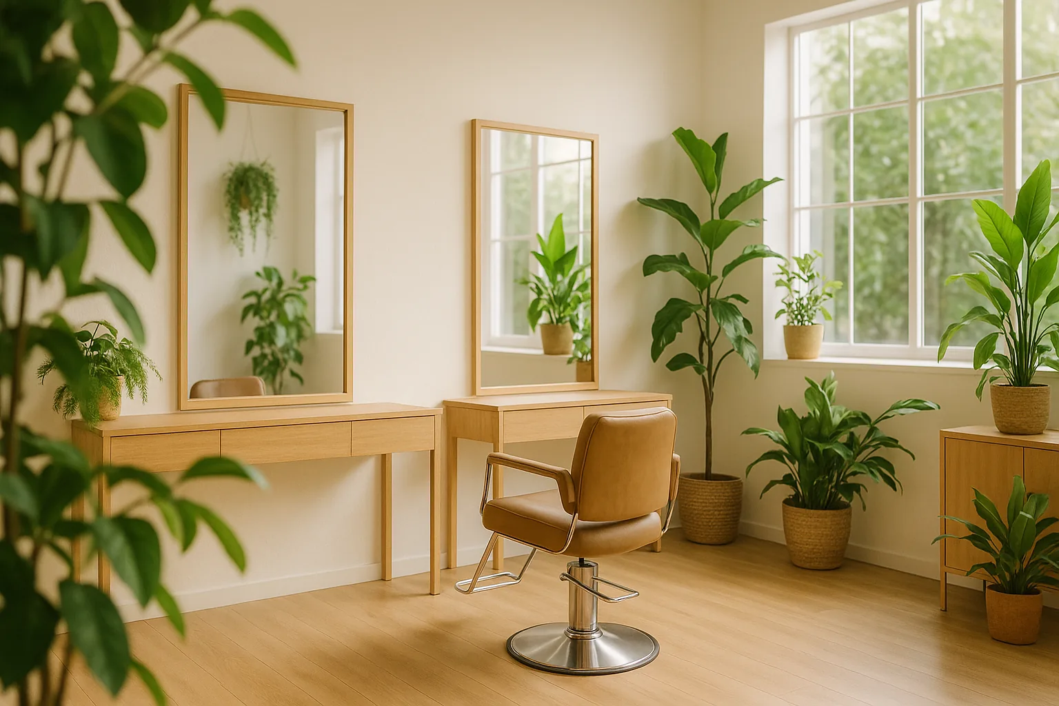 Intérieur lumineux du Salon Emma à Nancy, plantes vertes et mobilier en bois clair