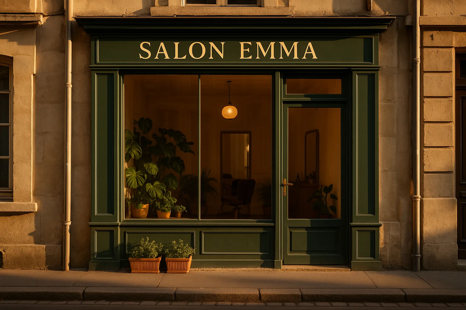 Vitrine du Salon Emma à Nancy, plantes vertes, enseigne élégante, lumière dorée