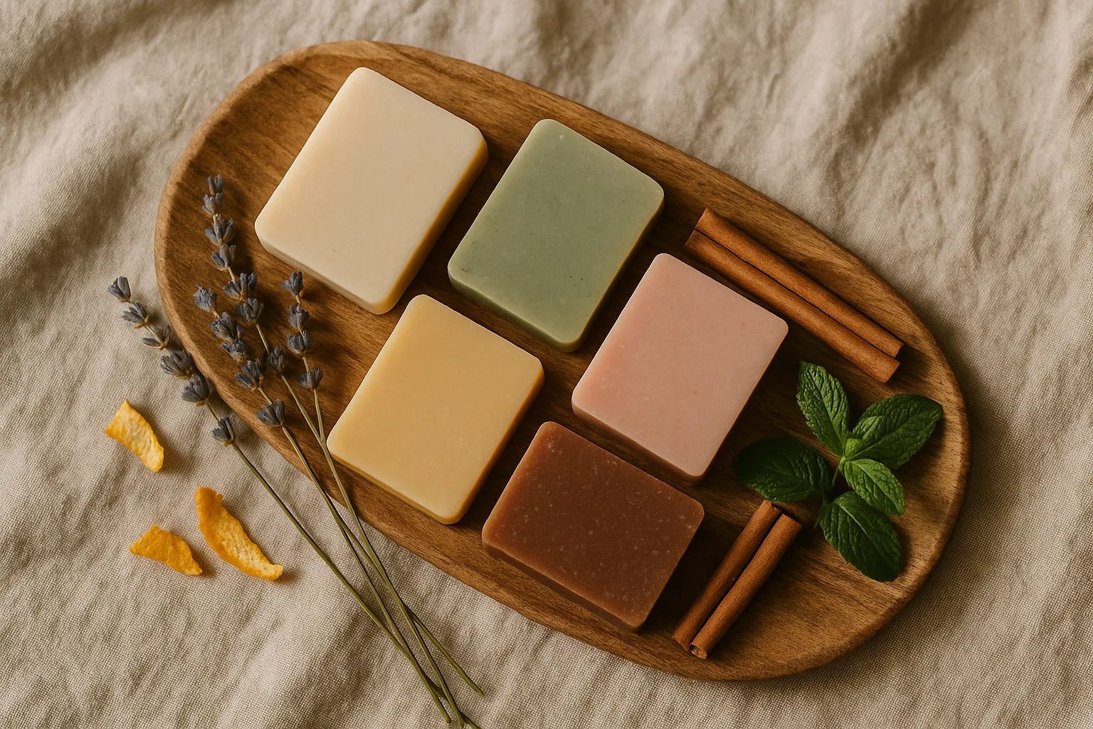 Composition de savons artisanaux sur plateau en bois avec ingredients naturels