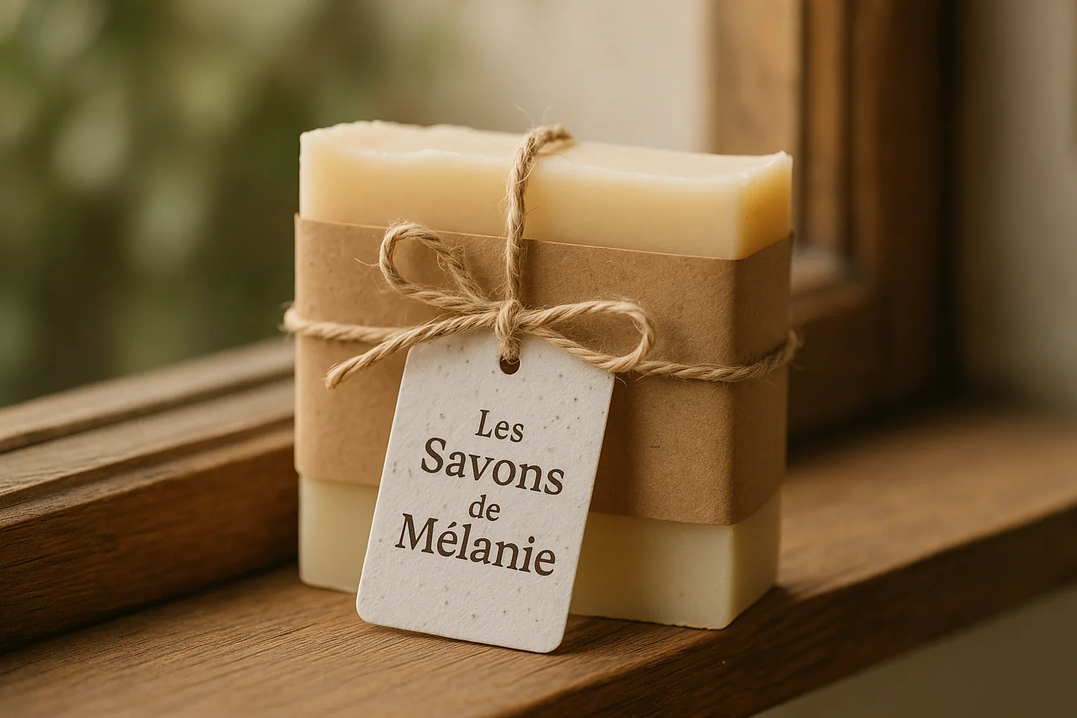 Savon artisanal emballe dans du papier kraft recycle avec ficelle de jute et etiquette en papier ensemence