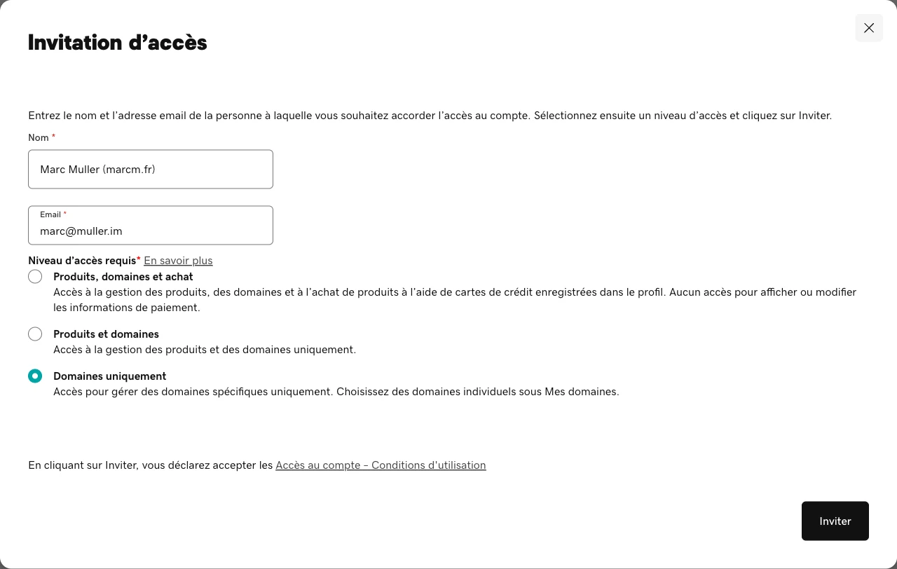 Formulaire d'invitation GoDaddy rempli avec l'option « Domaines uniquement » cochée et le bouton « Inviter » actif